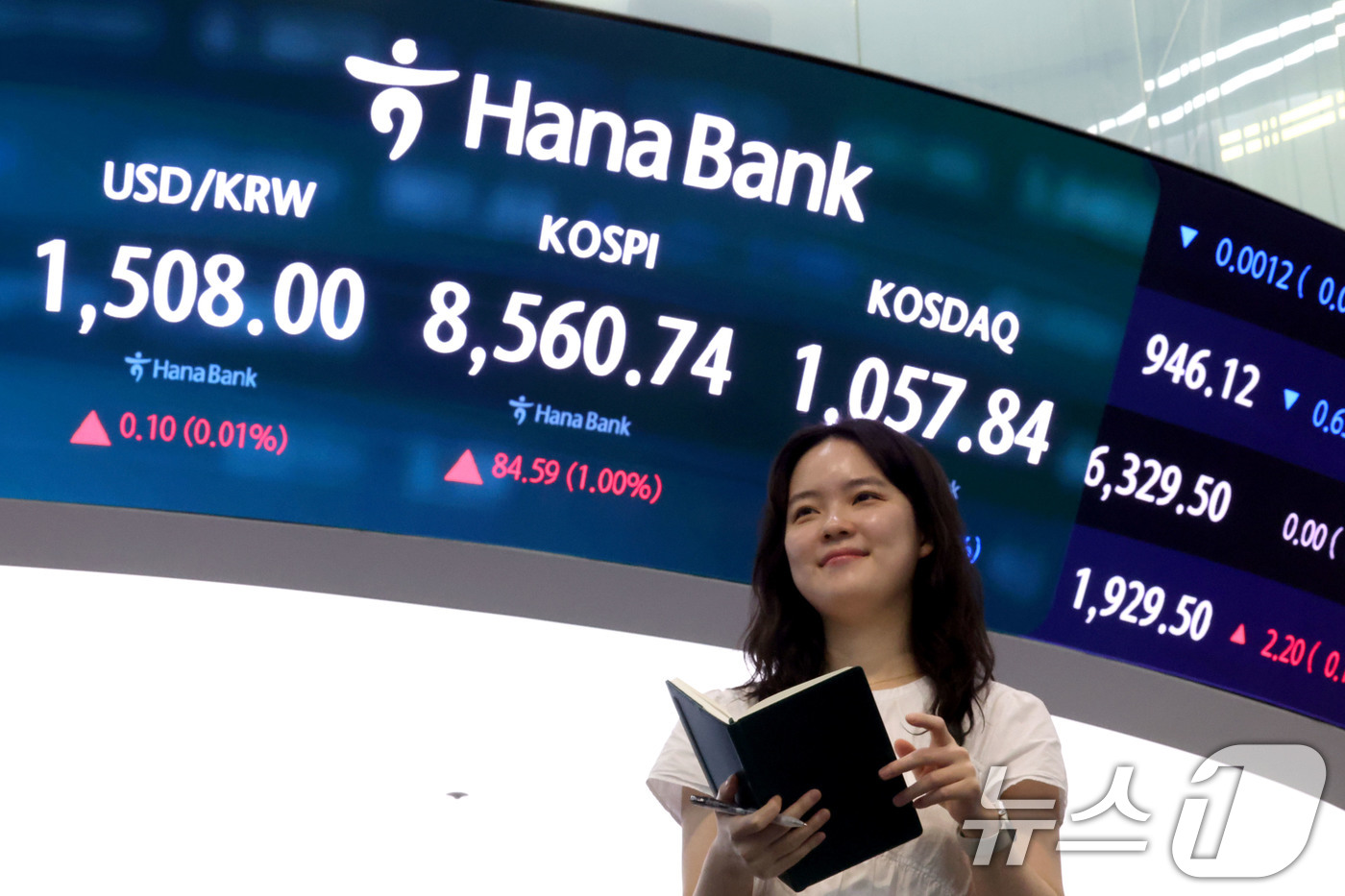 (서울=뉴스1) 이광호 기자 = 코스피가 장중 첫 8500선을 돌파한 1일 오전 서울 중구 하나은행 본점 딜링룸 현황판에 전장대비 84.59포인트(1.00%) 상승한 8,560.7 …