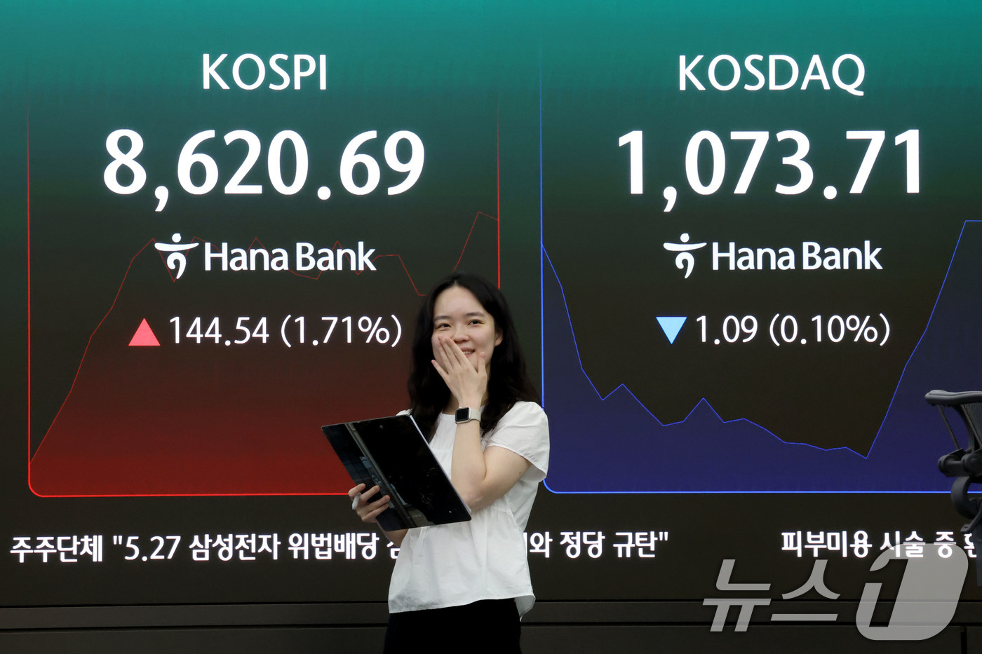 (서울=뉴스1) 이광호 기자 = 코스피가 장중 첫 8600선을 돌파한 1일 오전 서울 중구 하나은행 본점 딜링룸 현황판에 전장대비 144.54포인트(1.71%) 상승한 8,620. …