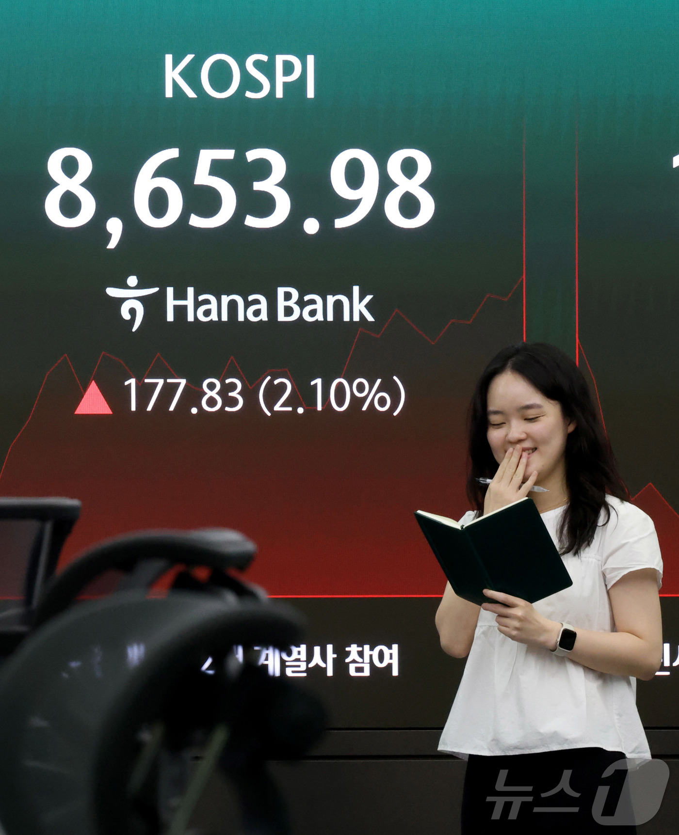 (수원=뉴스1) 이광호 기자 = 코스피가 장중 첫 8600선을 돌파한 1일 오전 서울 중구 하나은행 본점 딜링룸 현황판에 전장대비 177.83포인트(2.10%) 상승한 8,653. …