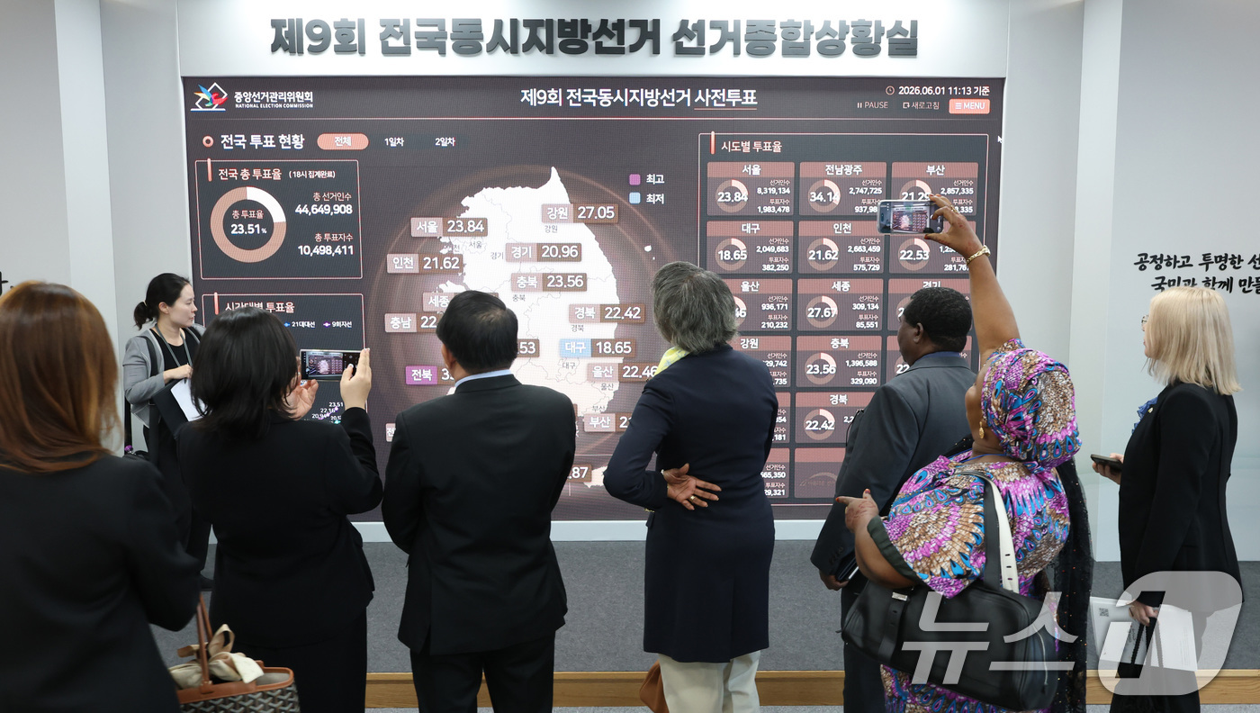 (과천=뉴스1) 박지혜 기자 = 사전투표 등 한국의 선거관리 제도를 배우기 위해 방한한 나이지리아, 에콰도르 등 11개국 선거 관계자로 구성된 국제선거참관단이 1일 경기 과천시 중 …