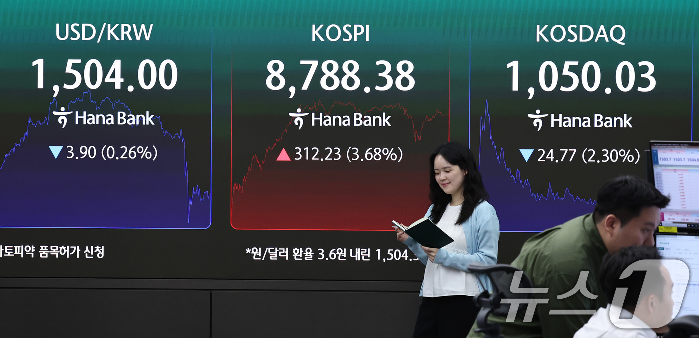 (서울=뉴스1) 구윤성 기자 = 1일 오후 서울 중구 하나은행 본점 딜링룸 전광판에 코스피 지수가 송출되고 있다. 이날 코스피는 전 거래일 보다 312.23포인트(3.68%) 오른 …