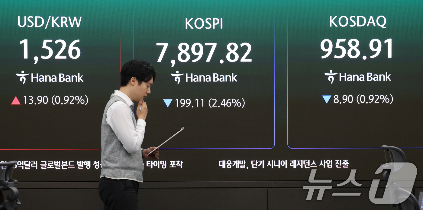 (서울=뉴스1) 오대일 기자 = 코스피가 장 초반 2%대 하락 출발한 10일 오전 서울 중구 하나은행 딜링룸 전광판에 코스피·코스닥·환율 시황이 표시되고 있다.  2026.6.10 …
