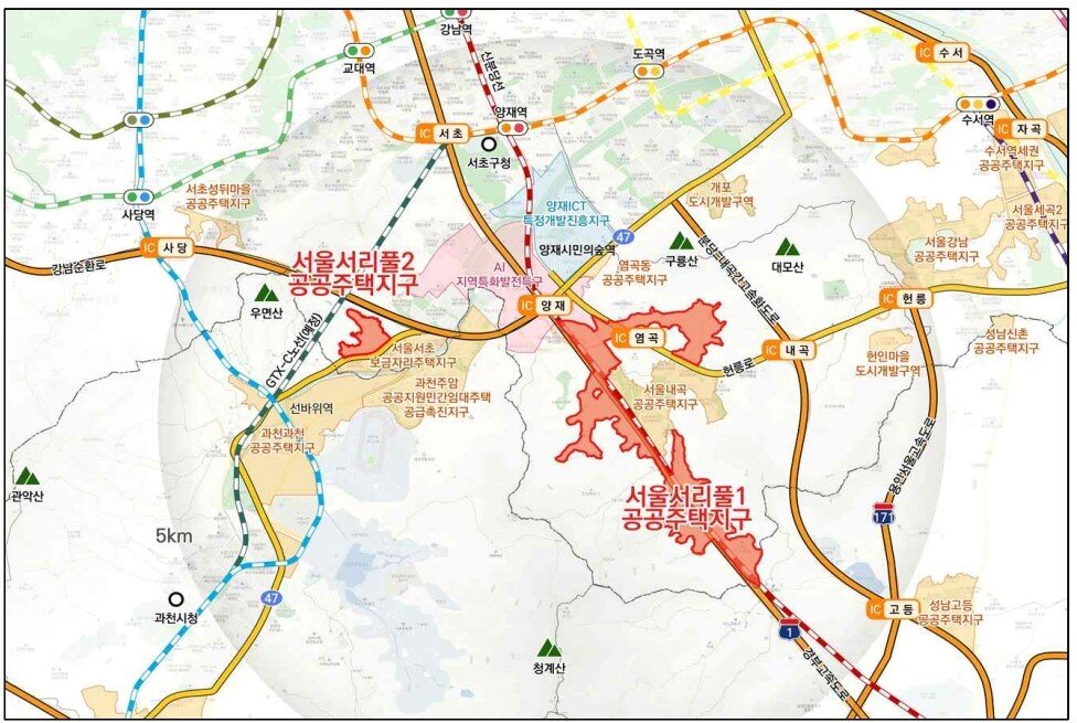 본문 이미지 - 서울서리풀2 공공주택지구 위치도(국토교통부 제공).ⓒ 뉴스1