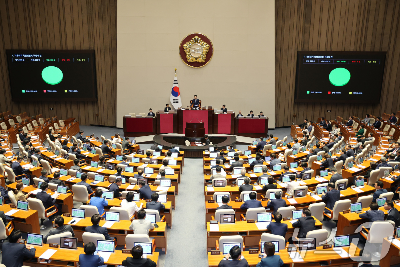 (서울=뉴스1) 신웅수 기자 = 11일 서울 여의도 국회 제436회국회(임시회) 제2차 본회의에서 기후위기 특별위원회 구성의 건이 가결되고 있다. 2026.6.11/뉴스1