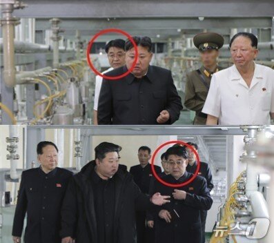 본문 이미지 - (평양 노동신문=뉴스1)= 지난 2024년(위)과 2025년(아래) 김정은 북한 당 총비서가 핵물질 생산 공장 시찰했을 당시 동행한 최일환 군수공업부 부부장 모습. [국내에서만 사용가능. 재배포 금지. DB 금지. For Use Only in the Republic of Korea. Redistribution Prohibited] rodongphoto@news1.kr