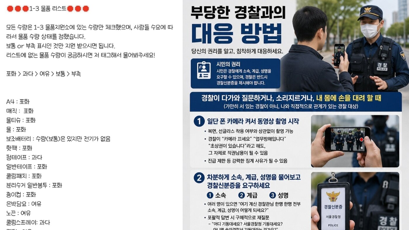 본문 이미지 - 시위자 커뮤니티에 공유된 현장 물자 상황과 경찰대응 매뉴얼 갈무리
