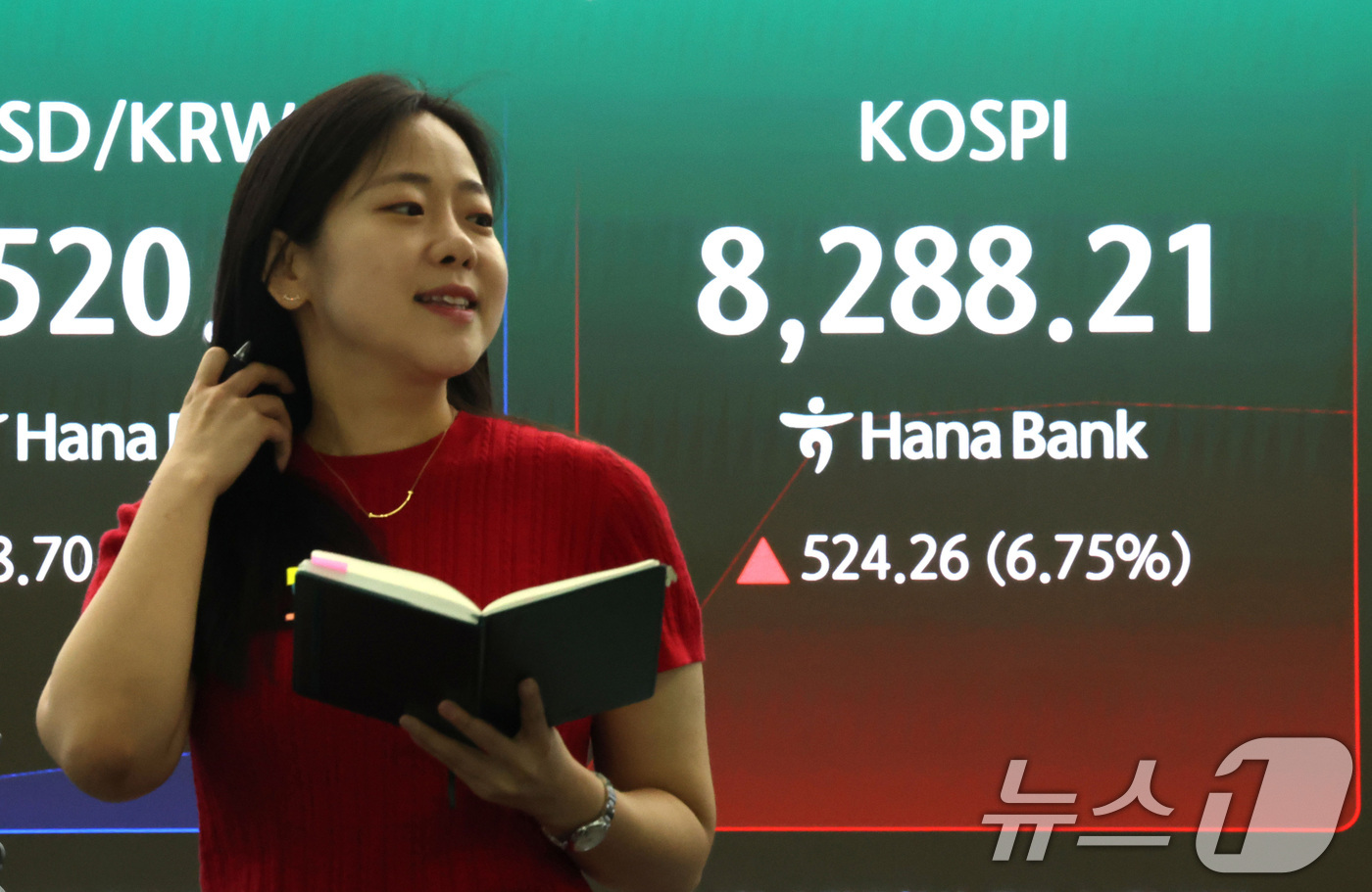 (서울=뉴스1) 이광호 기자 = 코스피 지수가 6%대 급등 출발하며 매수 사이드카가 발동한 12일 오전 서울 중구 하나은행 본점 딜링룸 현황판에 전장대비 524.26포인트(6.75 …