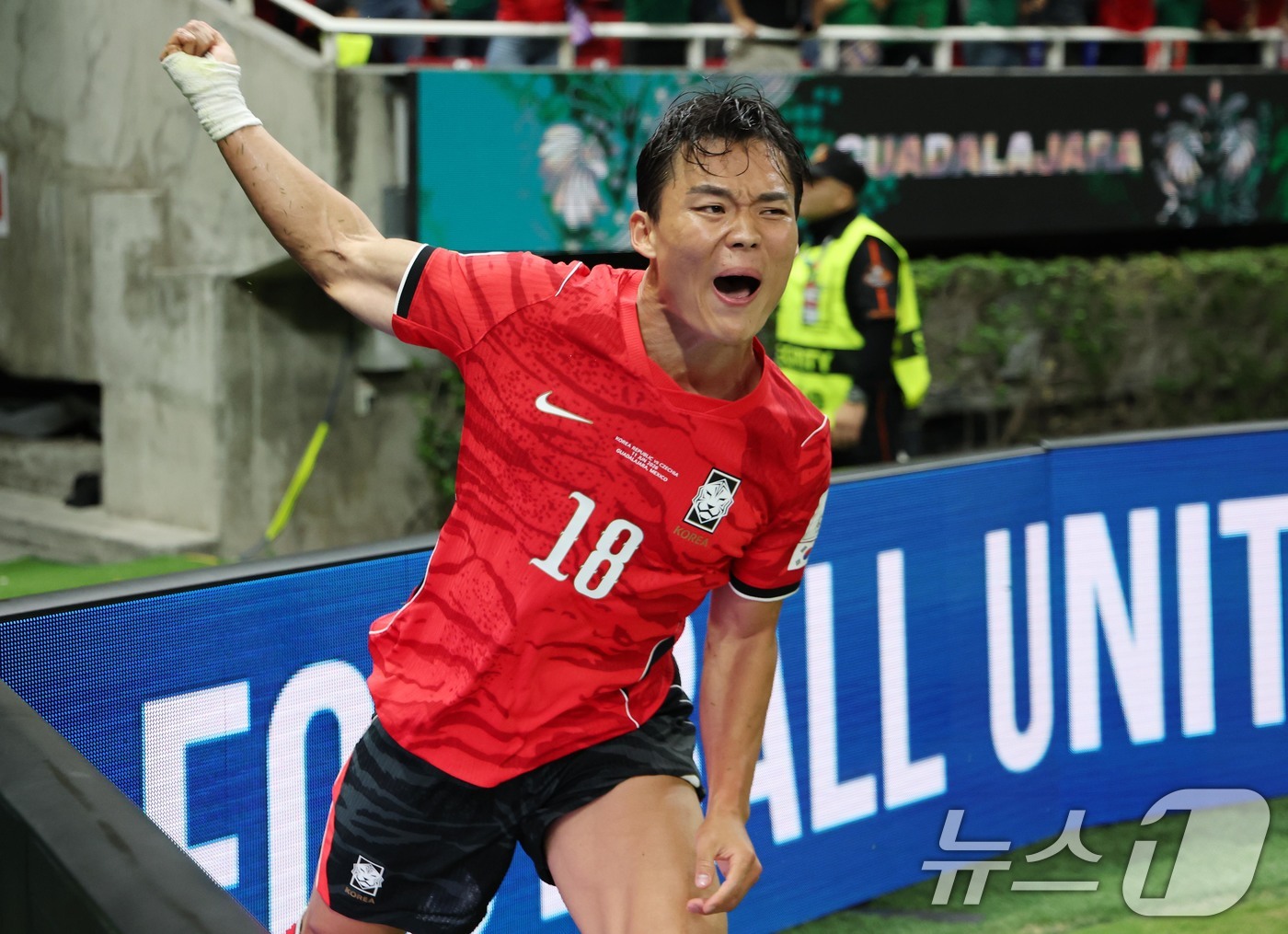 (과달라하라(멕시코)=뉴스1) 임세영 기자 = 대한민국 축구국가대표팀 오현규가 11일(현지시간) 멕시코 할리스코주 사포판 과달라하라 스타디움에서 열린 2026 북중미 월드컵 A조 …