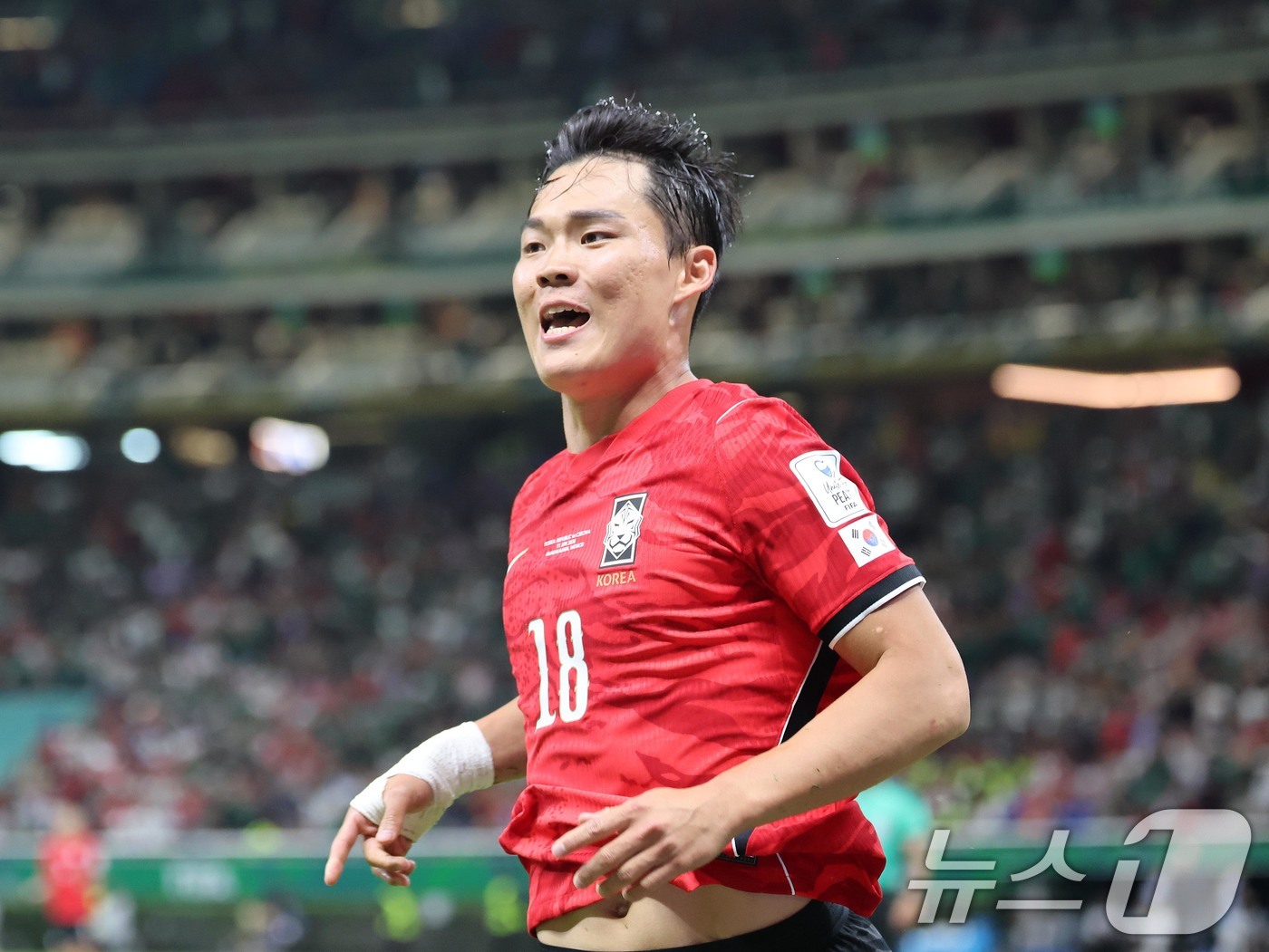 (과달라하라(멕시코)=뉴스1) 임세영 기자 = 대한민국 축구국가대표팀 오현규가 11일(현지시간) 멕시코 할리스코주 사포판 과달라하라 스타디움에서 열린 2026 북중미 월드컵 A조 …