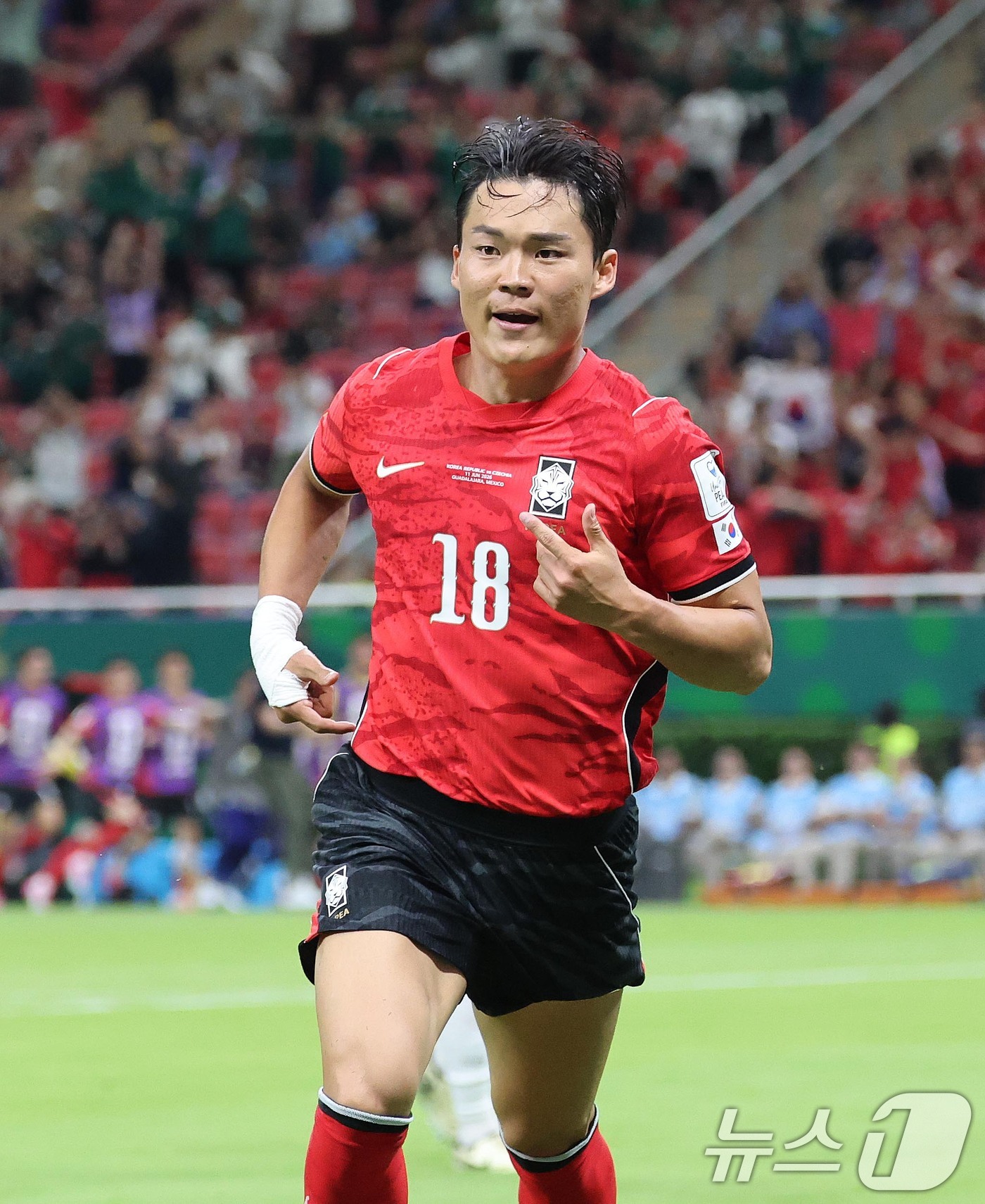 (과달라하라(멕시코)=뉴스1) 임세영 기자 = 대한민국 축구국가대표팀 오현규가 11일(현지시간) 멕시코 할리스코주 사포판 과달라하라 스타디움에서 열린 2026 북중미 월드컵 A조 …