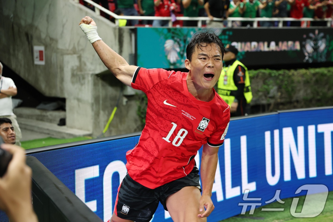 (과달라하라(멕시코)=뉴스1) 임세영 기자 = 대한민국 축구국가대표팀 오현규가 11일(현지시간) 멕시코 할리스코주 사포판 과달라하라 스타디움에서 열린 2026 북중미 월드컵 A조 …