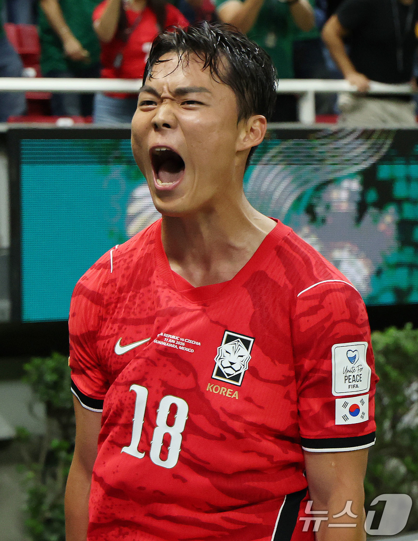 (과달라하라(멕시코)=뉴스1) 임세영 기자 = 대한민국 축구국가대표팀 오현규가 11일(현지시간) 멕시코 할리스코주 사포판 과달라하라 스타디움에서 열린 2026 북중미 월드컵 A조 …