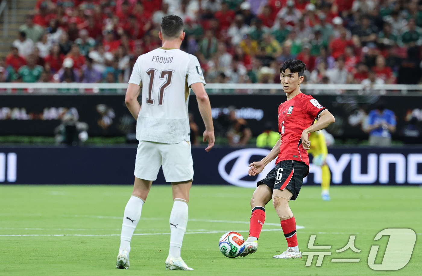 (과달라하라(멕시코)=뉴스1) 임세영 기자 = 대한민국 축구국가대표팀 황인범 11일(현지시간) 멕시코 할리스코주 사포판 과달라하라 스타디움에서 열린 2026 북중미 월드컵 A조 조 …