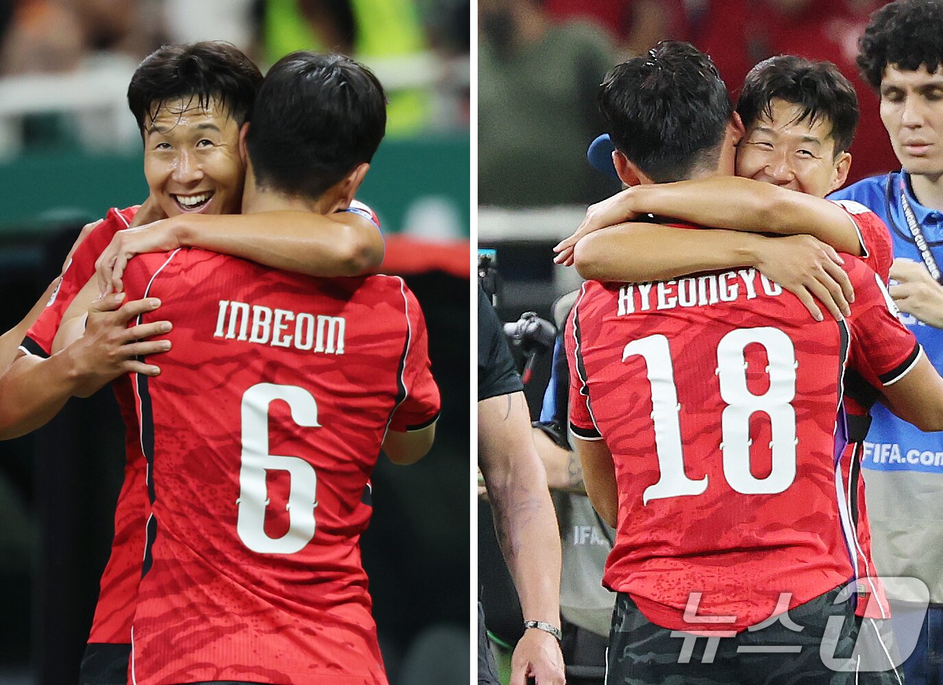 본문 이미지 - 11일(현지시간) 멕시코 할리스코주 사포판 과달라하라 스타디움에서 열린 2026 북중미 월드컵 A조 조별리그 1차전 대한민국과 체코의 경기에서 주장 손흥민이 동점골을 넣은 황인범과 역전골을 넣은 오현규를 끌어 안고 있다. 2026.6.12 ⓒ 뉴스1 박지혜 기자