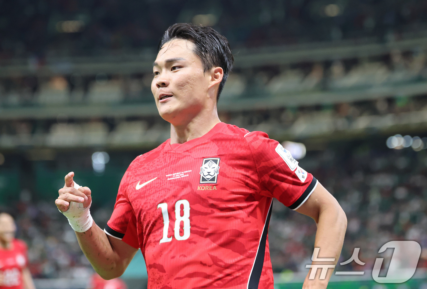 (과달라하라(멕시코)=뉴스1) 임세영 기자 = 대한민국 축구국가대표팀 오현규가 11일(현지시간) 멕시코 할리스코주 사포판 과달라하라 스타디움에서 열린 2026 북중미 월드컵 A조 …