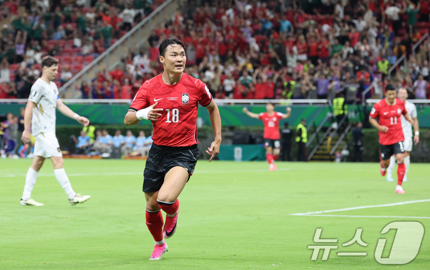 (과달라하라(멕시코)=뉴스1) 임세영 기자 = 대한민국 축구국가대표팀 오현규가 11일(현지시간) 멕시코 할리스코주 사포판 과달라하라 스타디움에서 열린 2026 북중미 월드컵 A조 …