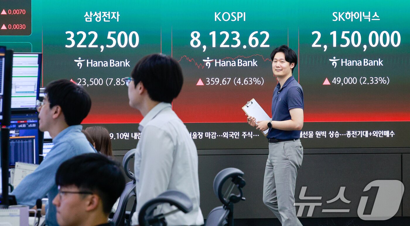 본문 이미지 - 12일 오후 서울 중구 하나은행 본점 딜링룸에 코스피 종가와 삼성전자, SK하이닉스 주가가 있다.  2026.6.12 ⓒ 뉴스1 안은나 기자