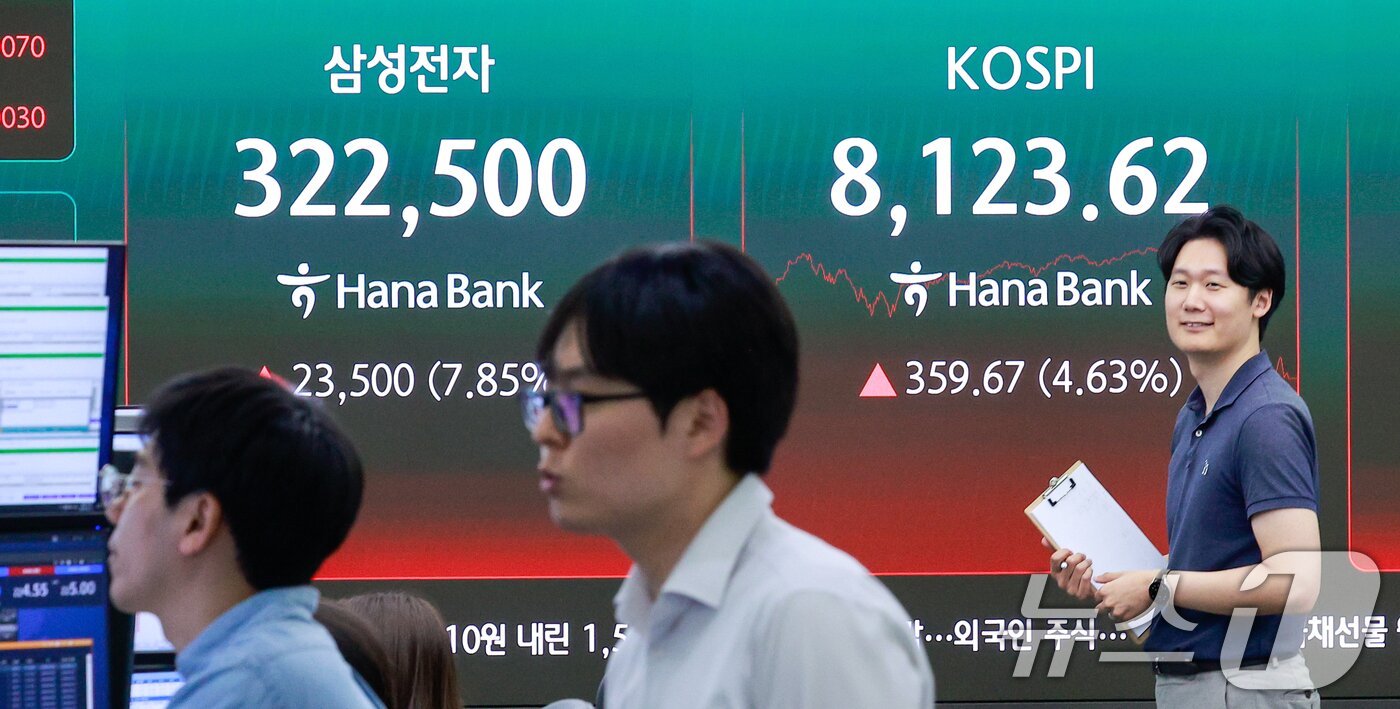 본문 이미지 - 12일 오후 서울 중구 하나은행 본점 딜링룸에 코스피 종가와 삼성전자 주가가 나오고 있다. 2026.6.12 ⓒ 뉴스1 안은나 기자