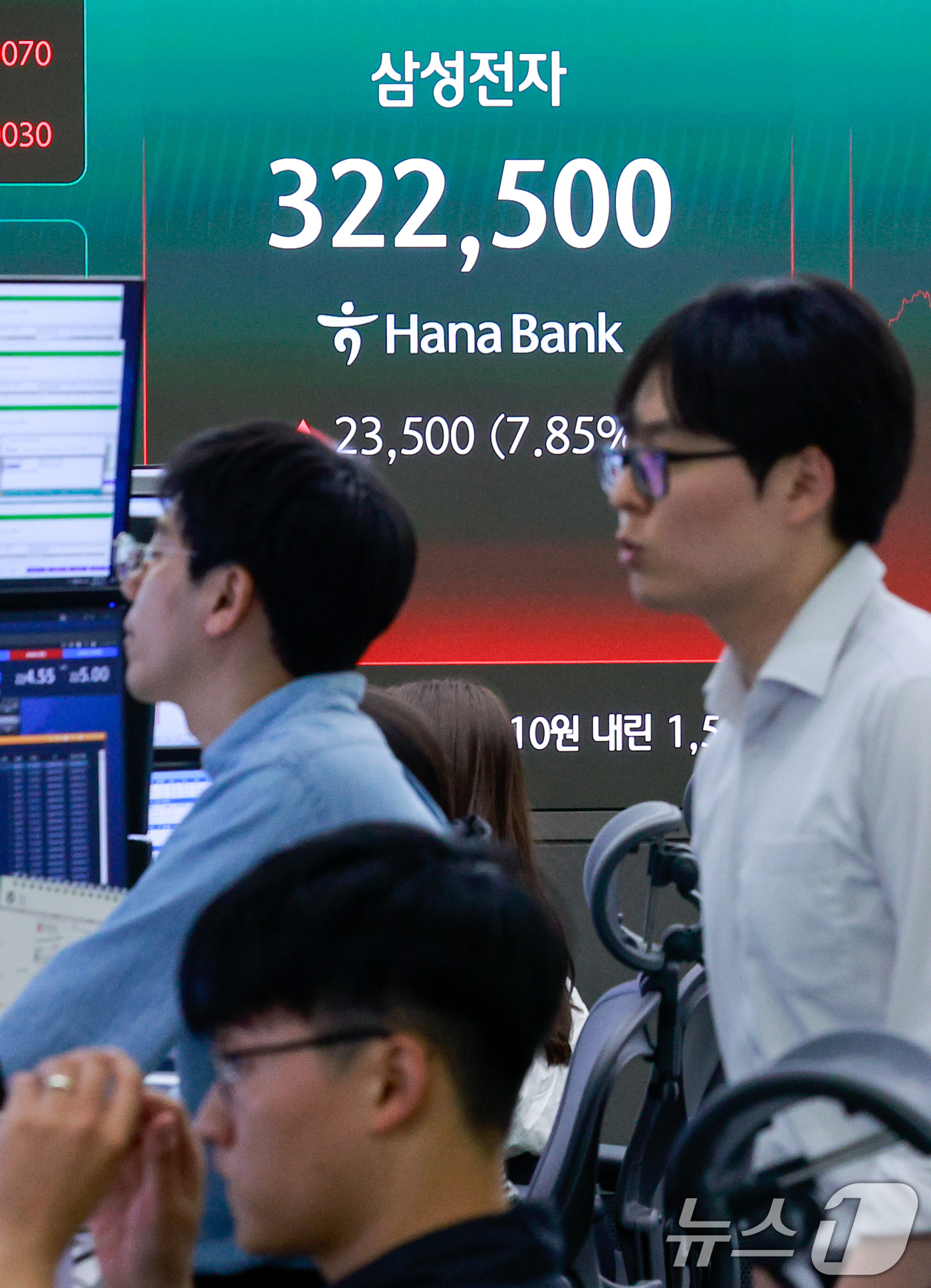 (서울=뉴스1) 안은나 기자 = 12일 오후 서울 중구 하나은행 본점 딜링룸에 삼성전자 주가가 나오고 있다.이날 코스피는 전일 종가와 비교해 359.67포인트(4.63%) 상승한 …