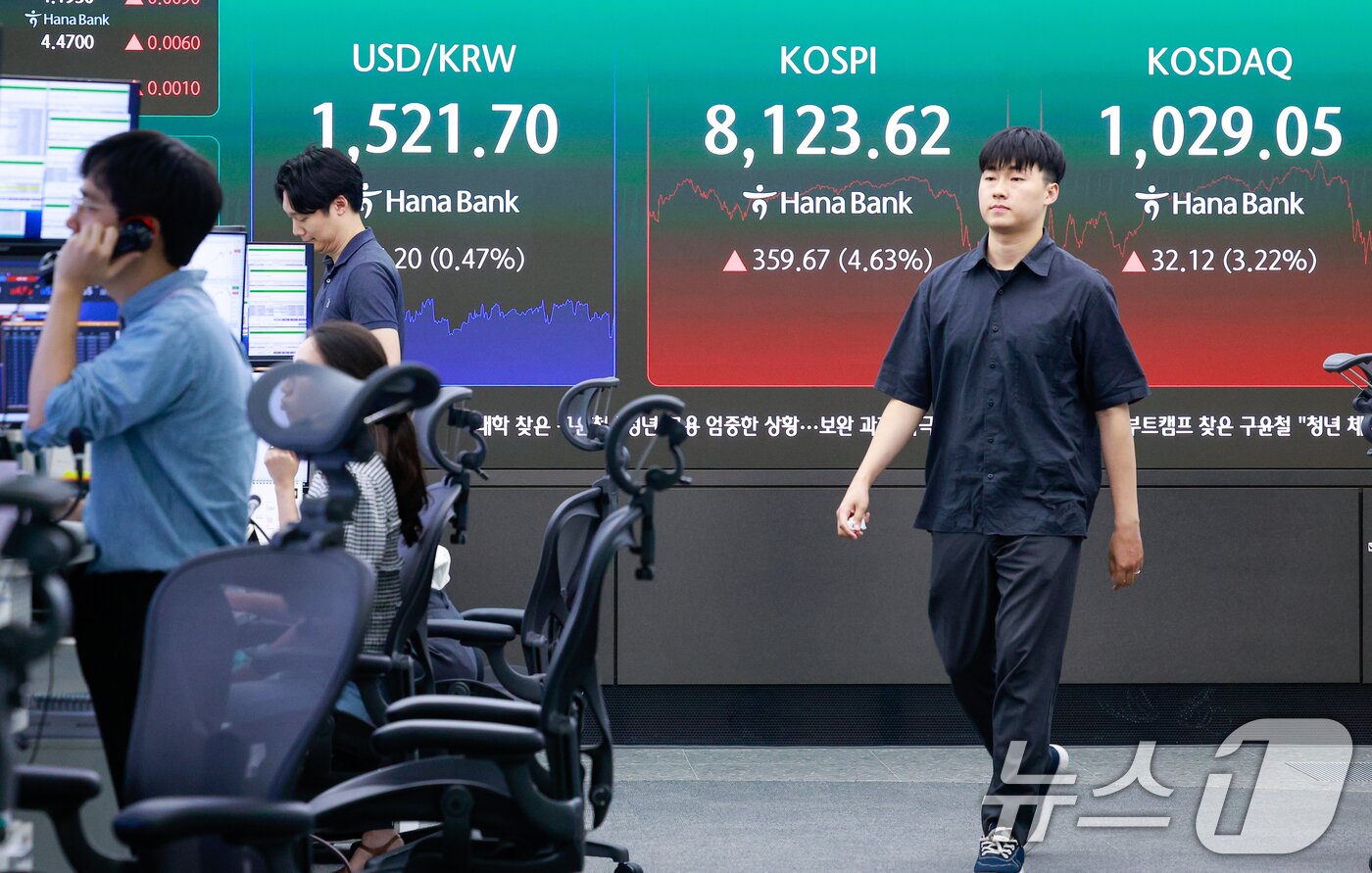 본문 이미지 - 12일 오후 서울 중구 하나은행 본점 딜링룸에 종가가 나오고 있다. 2026.6.12 ⓒ 뉴스1 안은나 기자