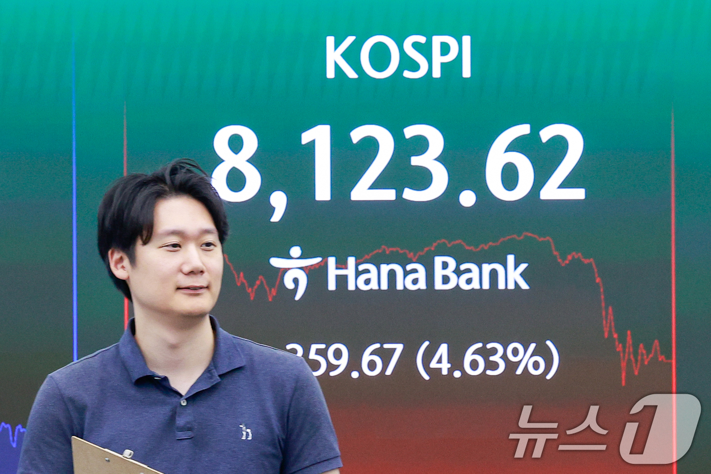(서울=뉴스1) 안은나 기자 = 12일 오후 서울 중구 하나은행 본점 딜링룸에 종가가 나오고 있다.이날 코스피는 전일 종가와 비교해 359.67포인트(4.63%) 상승한 8123. …