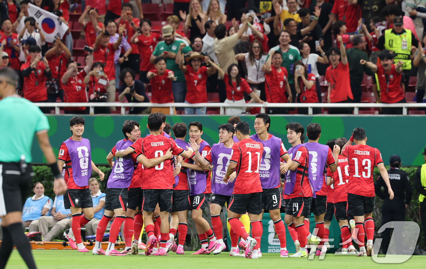 (과달라하라(멕시코)=뉴스1) 임세영 기자 = 대한민국 축구국가대표팀 선수들이 11일(현지시간) 멕시코 할리스코주 사포판 과달라하라 스타디움에서 열린 2026 북중미 월드컵 A조 …