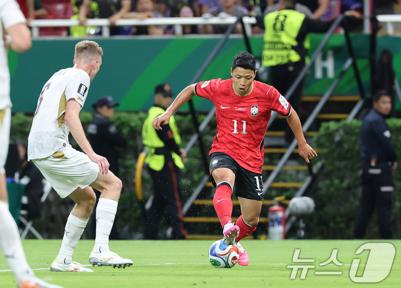 (과달라하라(멕시코)=뉴스1) 임세영 기자 = 대한민국 축구국가대표팀 황희찬이 11일(현지시간) 멕시코 할리스코주 사포판 과달라하라 스타디움에서 열린 2026 북중미 월드컵 A조 …