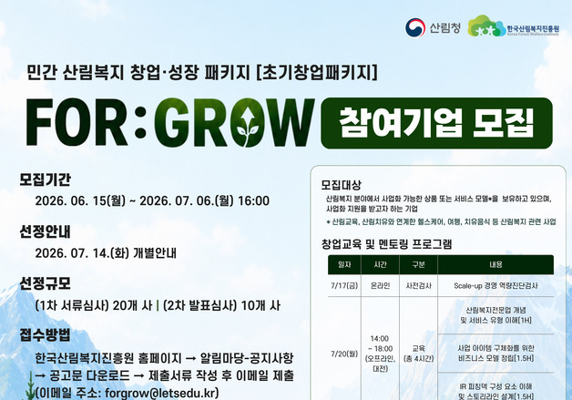 산림복지진흥원, 민간 산림복지 창업·성장 패키지 참가기업 모집