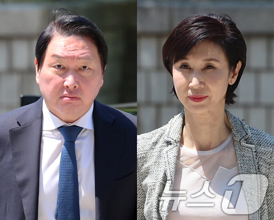 본문 이미지 - 최태원 SK그룹 회장(왼쪽)과 노소영 아트센터 나비 관장이 15일 서울 서초구 서울고등법원에서 열린 재산 분할 파기환송심 2차 조정 기일에 출석하고 있다. 이날 최 회장과 노 관장은 약 2년 2개월 만에 법정에서 만났다. (공동취재) 2026.6.15 ⓒ 뉴스1 김도우 기자
