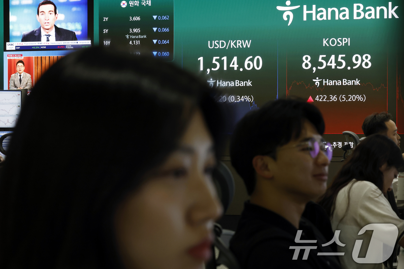 (서울=뉴스1) 박정호 기자 = 미국과 이란의 중동 전쟁 종전 양해각서(MOU) 합의 소식이 전해진 15일 서울시 중구 하나은행 딜링룸 전광판에 코스피 등 종가가 표시되고 있다.이 …