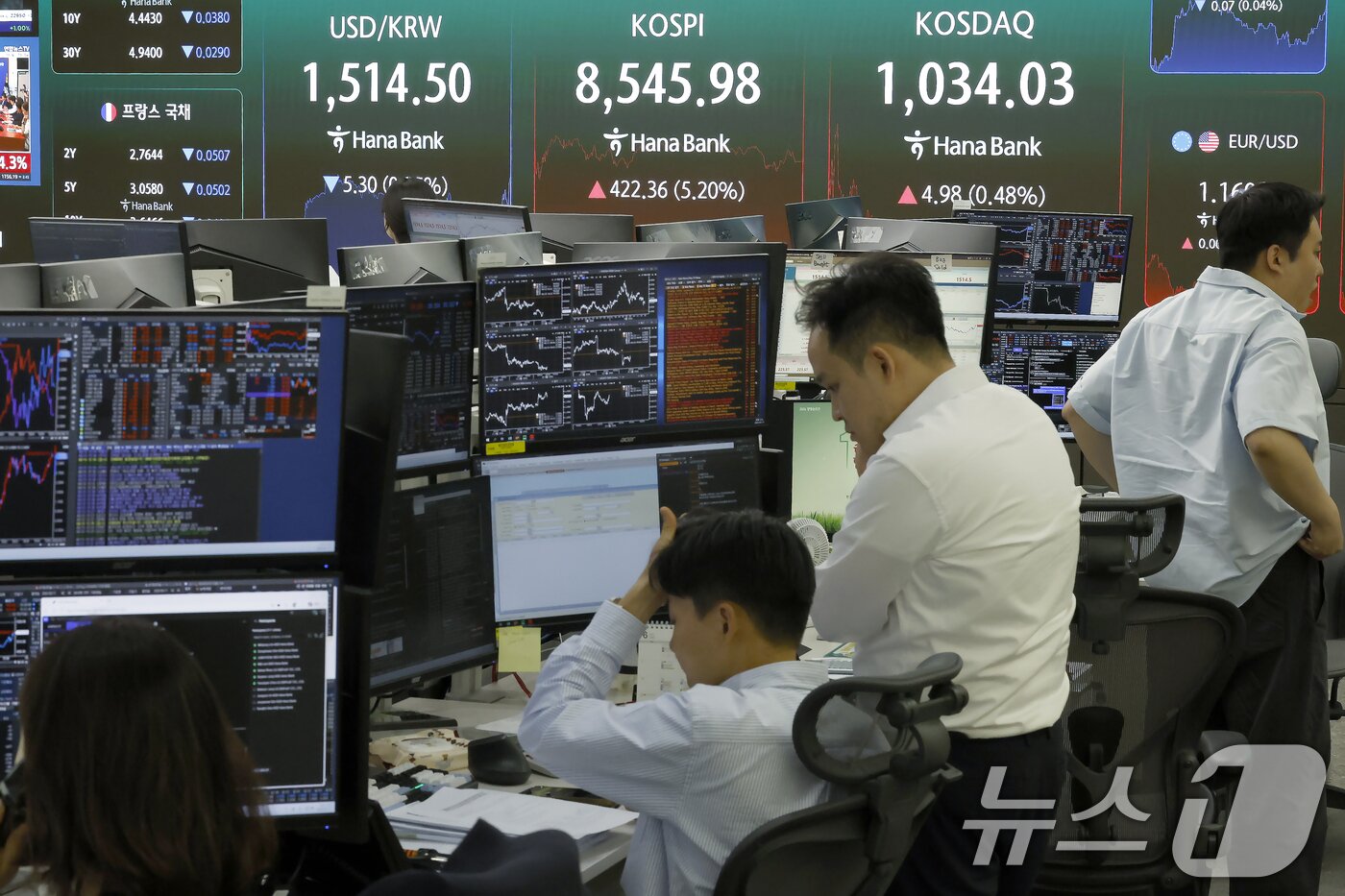 본문 이미지 - 미국과 이란의 중동 전쟁 종전 양해각서(MOU) 합의 소식이 전해진 15일 서울시 중구 하나은행 딜링룸 전광판에 코스피 등 종가가 표시되고 있다. 이날 코스피는 전 거래일 대비 422.36p(5.20%) 오른 8545.98, 코스닥은 4.98포인트(p)(0.48%) 오른 1034.03, 서울외환시장에서 달러·원 환율은 전일 오후 3시 30분 주간종가 보다 8.7원 내린 1511.1원을 기록했다. 2026.6.15 ⓒ 뉴스1 박정호 기자