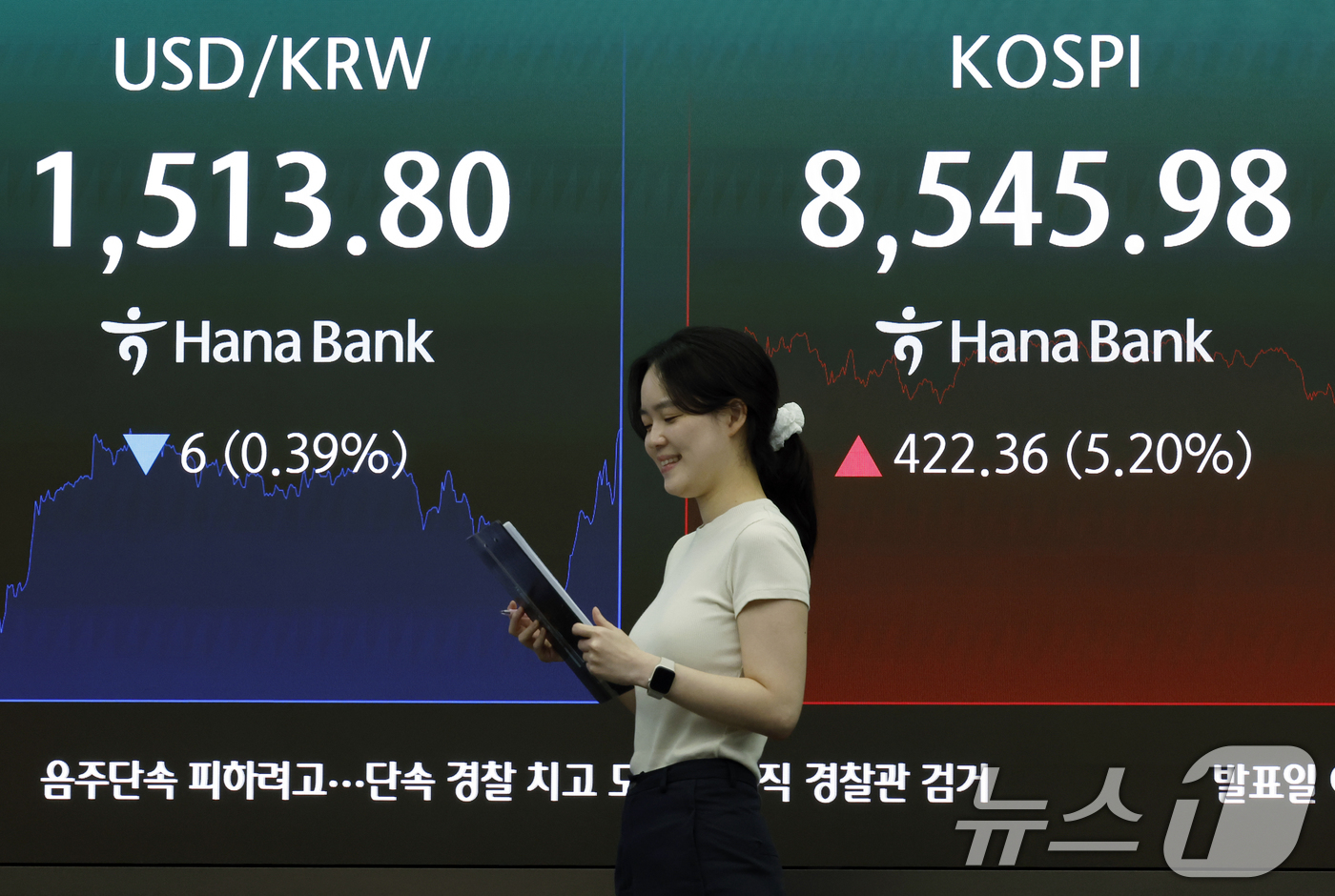 (서울=뉴스1) 박정호 기자 = 미국과 이란의 중동 전쟁 종전 양해각서(MOU) 합의 소식이 전해진 15일 서울시 중구 하나은행 딜링룸 전광판에 코스피 등 종가가 표시되고 있다.이 …