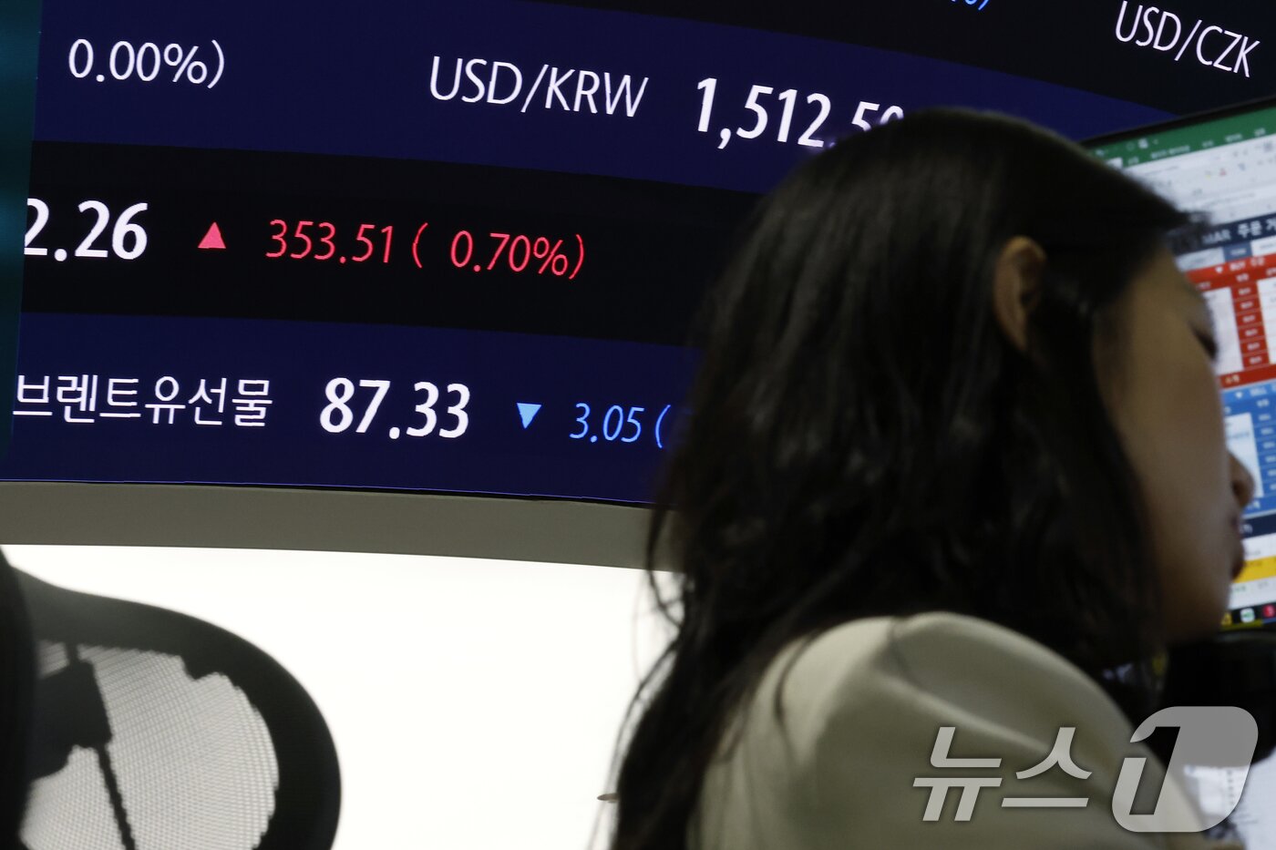 본문 이미지 - 서울시 중구 하나은행 딜링룸 전광판에 브렌트유선물 현황이 나오고 있다.ⓒ 뉴스1 박정호 기자