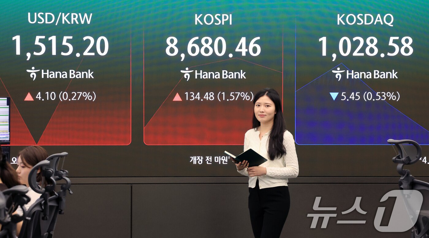 본문 이미지 - 16일 서울 중구 하나은행 본점 딜링룸 전광판에 개장 시황이 나오고 있다.  2026.6.16 ⓒ 뉴스1 이호윤 기자