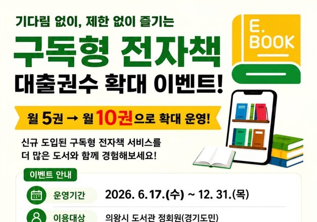 의왕시, 구독형 전자책 대출권수 2배 확대…연말까지 특별 이벤트