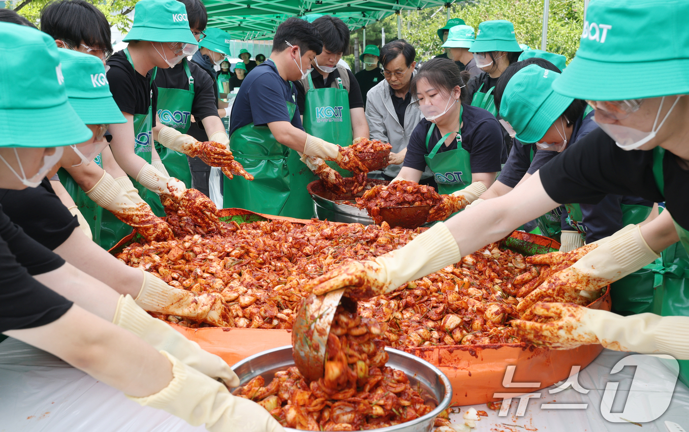 (익산=뉴스1) 유경석 기자 = 16일 전북 익산시 한국농업기술진흥원에서 열린 국산 양파 소비촉진 상생 캠페인에서 관계자들이 양파 김치를 담그고 있다. 2026.6.16/뉴스1