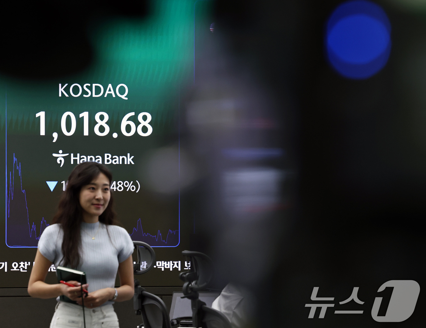 (서울=뉴스1) 구윤성 기자 = 16일 서울 중구 하나은행 딜링룸 전광판에 코스닥 종가가 표시되고 있다. 이날 코스닥은 전 거래일 대비 15.35포인트(1.48%) 내린 1018. …
