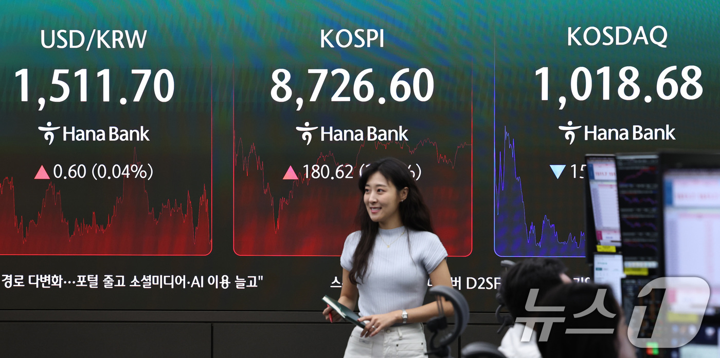 (서울=뉴스1) 구윤성 기자 = 16일 서울 중구 하나은행 딜링룸 전광판에 코스피 등 종가가 표시되고 있다. 이날 코스피는 미국과 이란의 종전 기대감에 전 거래일 대비 180.62 …