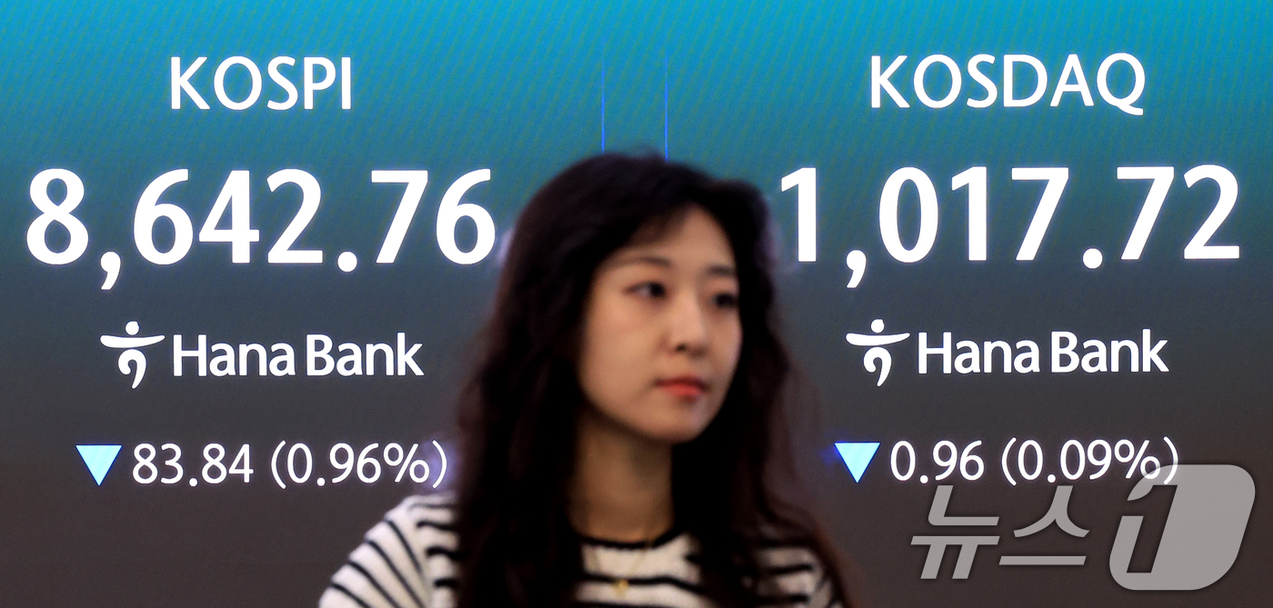 (서울=뉴스1) 이호윤 기자 = 17일 서울 중구 하나은행 본점 딜링룸 전광판에 개장 시황이 나오고 있다. 이날 코스피는 전일 대비 104.47포인트(p)(1.20%) 내른 862 …