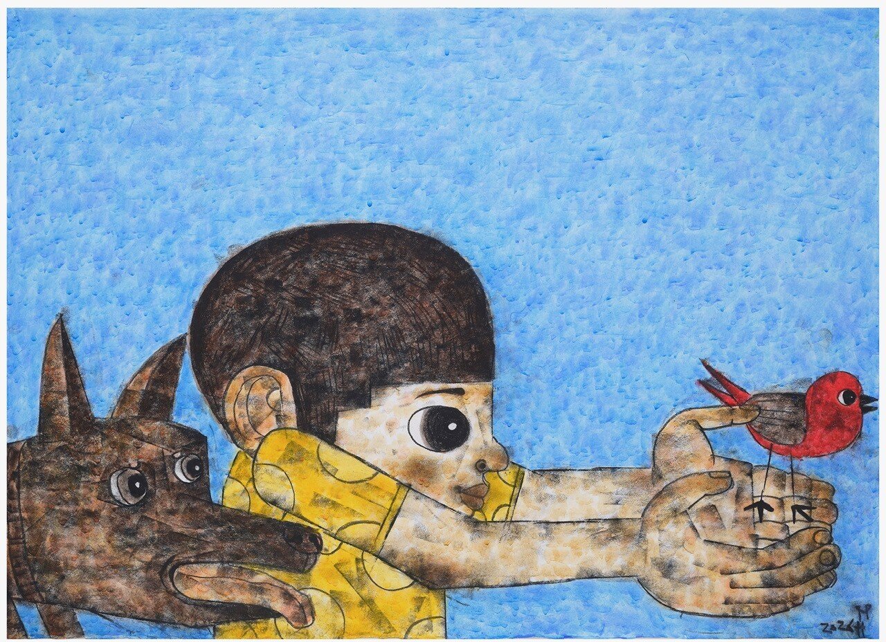 본문 이미지 - 임만혁, 소년과 새 26-3, 한지에 목탄채색, 53x64cm, 2026 (청화랑 제공)