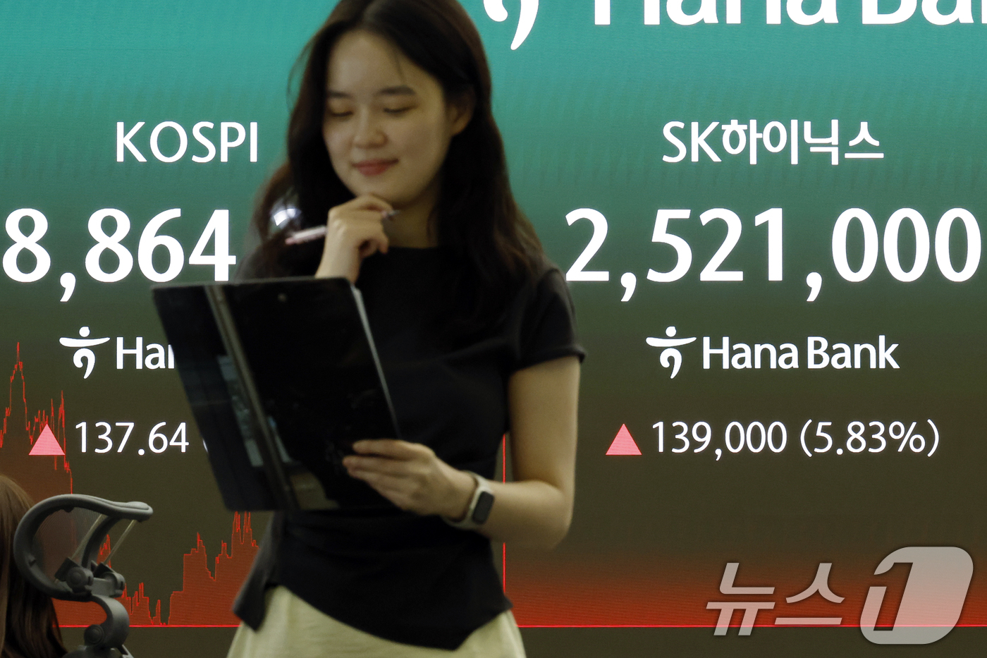 (서울=뉴스1) 박정호 기자 = 16일 서울시 중구 하나은행 본점 딜링룸 전광판에 코스피와 SK하이닉스 종가가 표시되고 있다.이날 코스피는 전 거래일 대비 137.64p(1.58% …