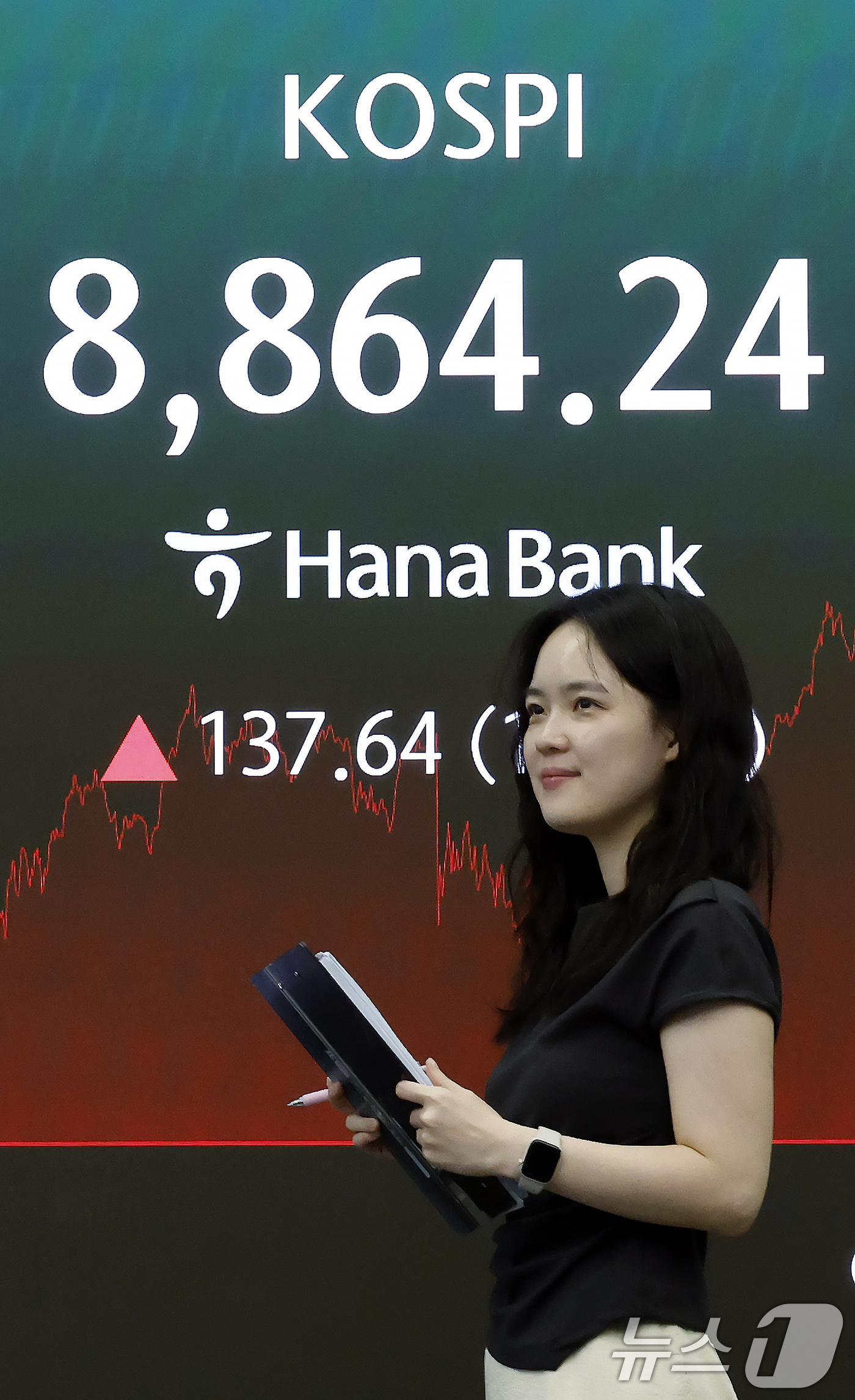 (서울=뉴스1) 박정호 기자 = 16일 서울시 중구 하나은행 본점 딜링룸 전광판에 코스피 등 종가가 표시되고 있다.이날 코스피는 전 거래일 대비 137.64p(1.58%) 오른 8 …