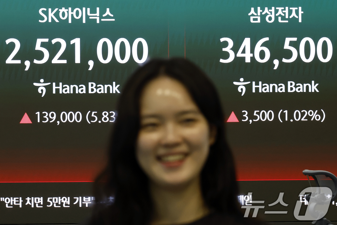 (서울=뉴스1) 박정호 기자 = 16일 서울시 중구 하나은행 본점 딜링룸 전광판에 SK하이닉스, 삼성전자 종가가 표시되고 있다.이날 코스피는 전 거래일 대비 137.64p(1.58 …