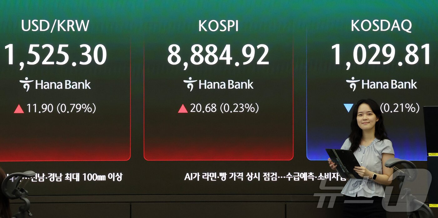 본문 이미지 - 18일 서울 중구 하나은행 본점 딜링룸 전광판에 개장 시황이 나오고 있다.  2026.6.18 ⓒ 뉴스1 김진환 기자