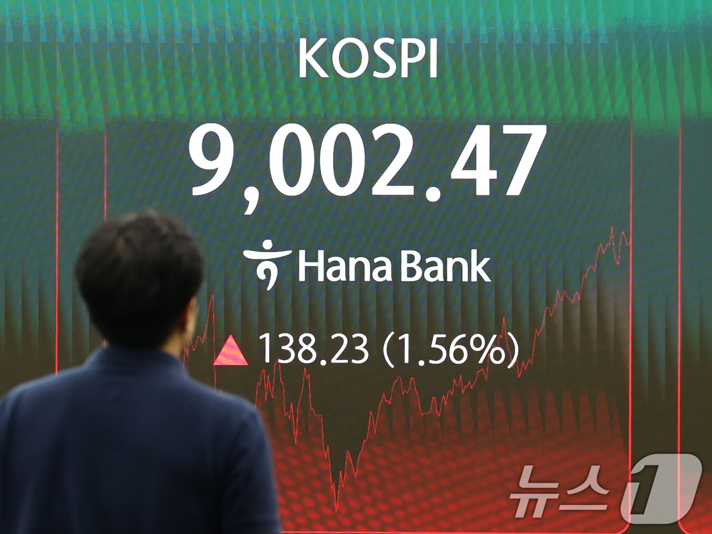 (서울=뉴스1) 최지환 기자 = 코스피지수가 장중 사상 처음으로 9000을 돌파한 18일 오후 서울 중구 하나은행 본점 딜링룸 전광판에 코스피 시황이 나오고 있다. 2026.6.1 …