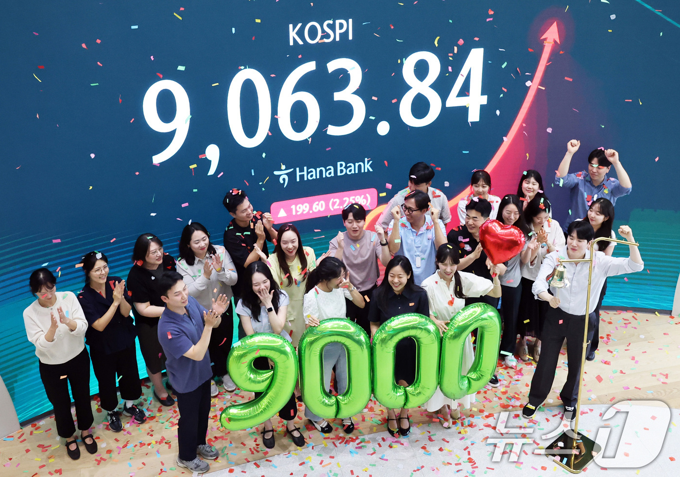 (서울=뉴스1) 최지환 기자 = 코스피가 사상 처음으로 9000포인트를 돌파 마감한 18일 서울 중구 하나은행 딜링룸에서 직원들이 축하 세리머니를 하고 있다.이날 코스피는 전 거래 …