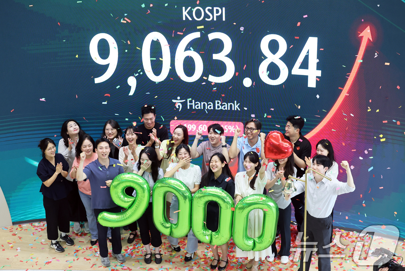 (서울=뉴스1) 최지환 기자 = 코스피가 사상 처음으로 9000포인트를 돌파 마감한 18일 서울 중구 하나은행 딜링룸에서 직원들이 축하 세리머니를 하고 있다.이날 코스피는 전 거래 …