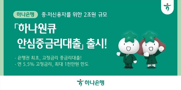 하나은행, 중·저신용자 위한 2조 규모 '하나원큐안심중금리대출'
