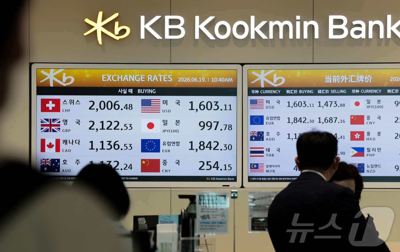 (인천공항=뉴스1) 권현진 기자 = 원·달러 환율이 1,530원대의 고환율이 지속된 19일 인천국제공항 제2여객터미널 환전소 전광판에 환율 시세가 표시돼 있다. 2026.6.19/ …