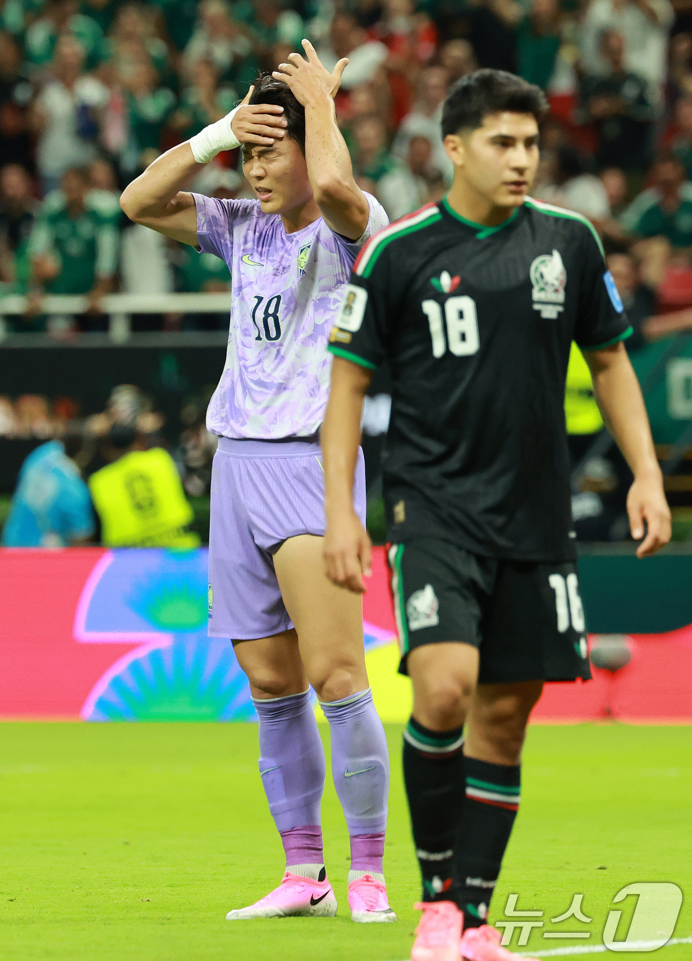 (과달라하라(멕시코)=뉴스1) 임세영 기자 = 대한민국 축구국가대표팀 오현규가 18일(현지시간) 멕시코 할리스코주 사포판 과달라하라 스타디움에서 열린 2026 북중미 월드컵 A조 …